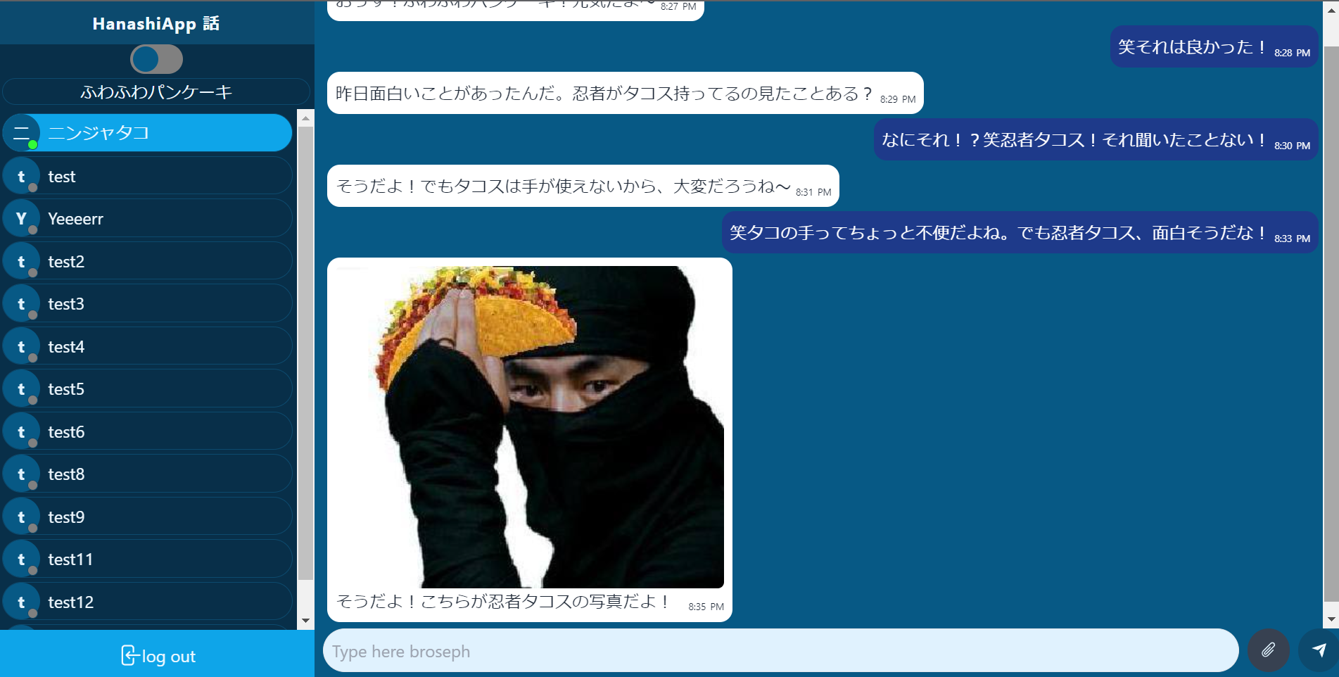 chatting app conversation containing text messages and a picture of a ninja holding a taco